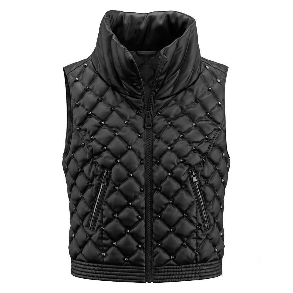 Bebe Quilted Studded Vest Moto Collar Sleeveless Jacket Black Size M Unique NWT